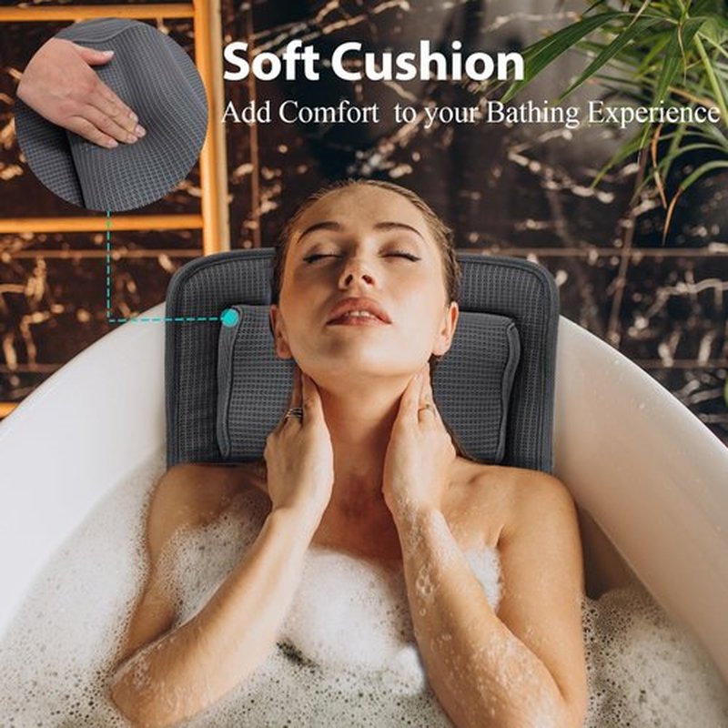 Full Body Bath Pillow with Adjustable Lumbar Roll Pillow Bathtub Cushion with 14 Suction Cups 3D Air Mesh Fit Any Tub Gray Bathroom Accessories