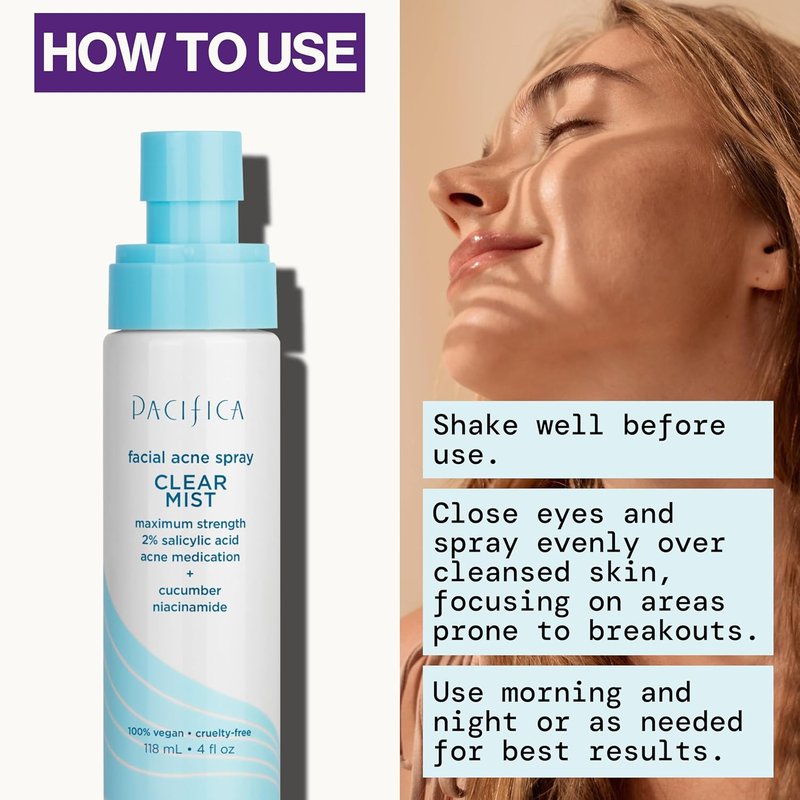 Pacifica Acne Treatment Facial Spray - Clear Mist with 2% Salicylic Acid & Niacinamide | Vegan, Dermatologist Tested