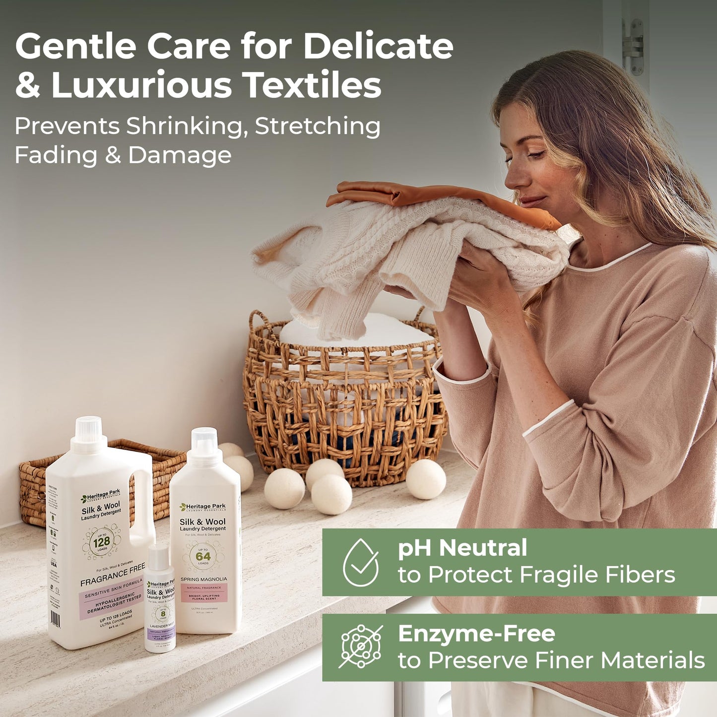 Heritage Park Silk & Wool Fragrance Free, Hypoallergenic, pH-Neutral Laundry Detergent - Dermatologist-tested, Sensitive Skin-Friendly, Enzymes-Free, Ultra Concentrated (4 Fl Oz)