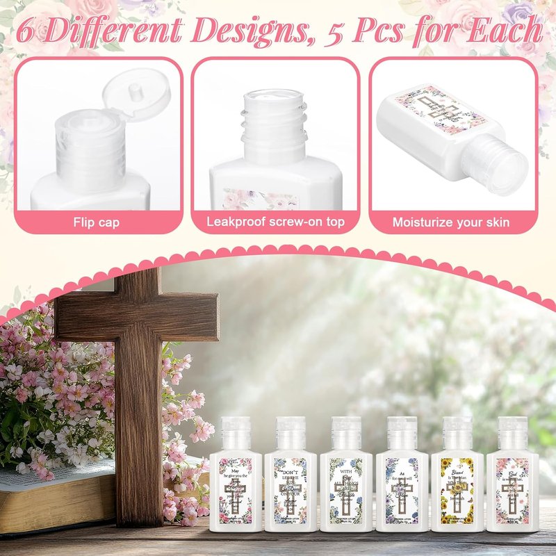 Christian Party Favors - 30 Pcs Mini Sunscreen with Inspiring Flower Cross Bible Verse | Travel Size 1 oz SPF 30 for First Communion & Baptism