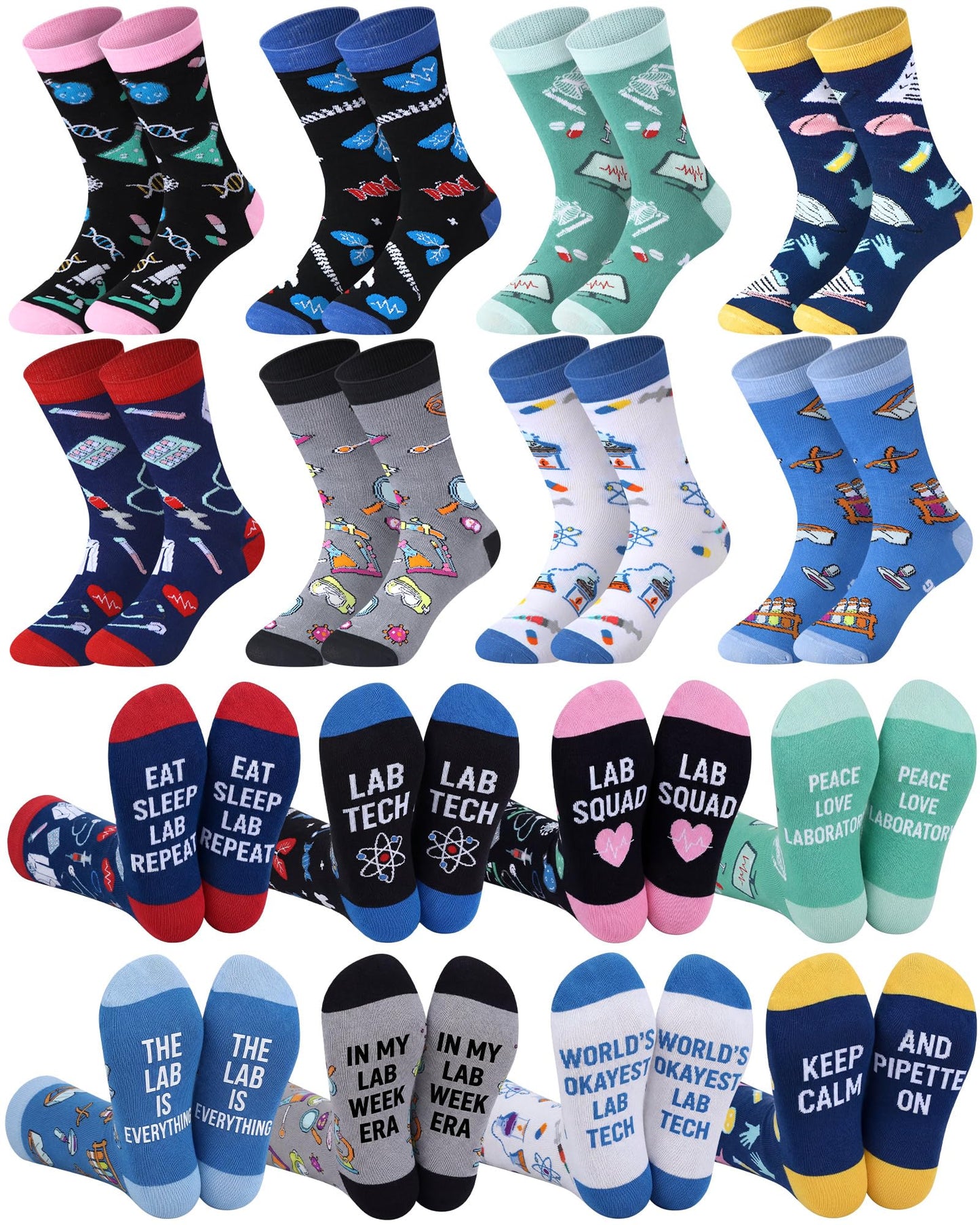 Glitopper 8 Pairs Medical Laboratory Gifts for Women Men Funny Lab Tech Socks Novelty Casual Crew Dress Socks Medical Laboratory Professionals Week Gifts Nurses Day Birthday Favors