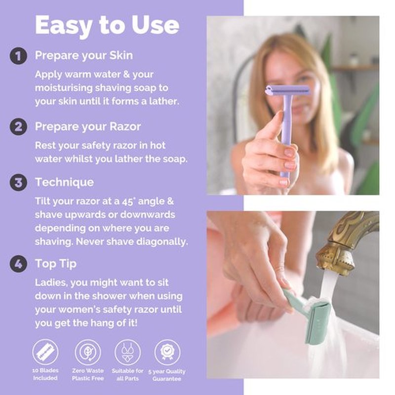 Jungle Culture Safety Razor & Stand with 10 Double Edge Blades • Single Blade Metal Razors for Women & Men for Body & Face • Eco Friendly & Reusable Shaver • Lilac