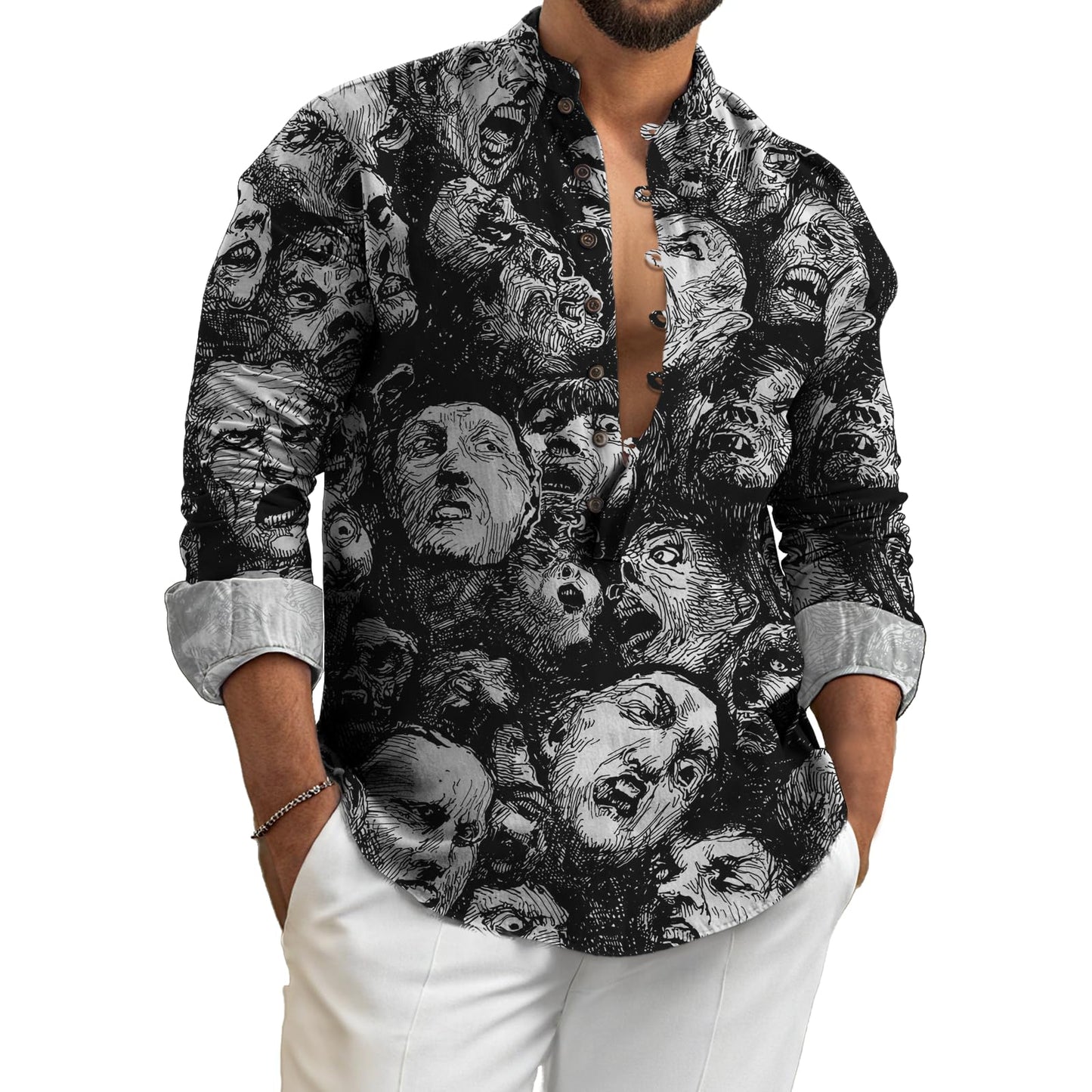 domirica Henley Shirts for Men Long-Sleeved Button Up V Neck Tee Shirts Retro Fall Casual Washed T-Shirts Vacation Beach Party 2025 Summer Clothes Face,S