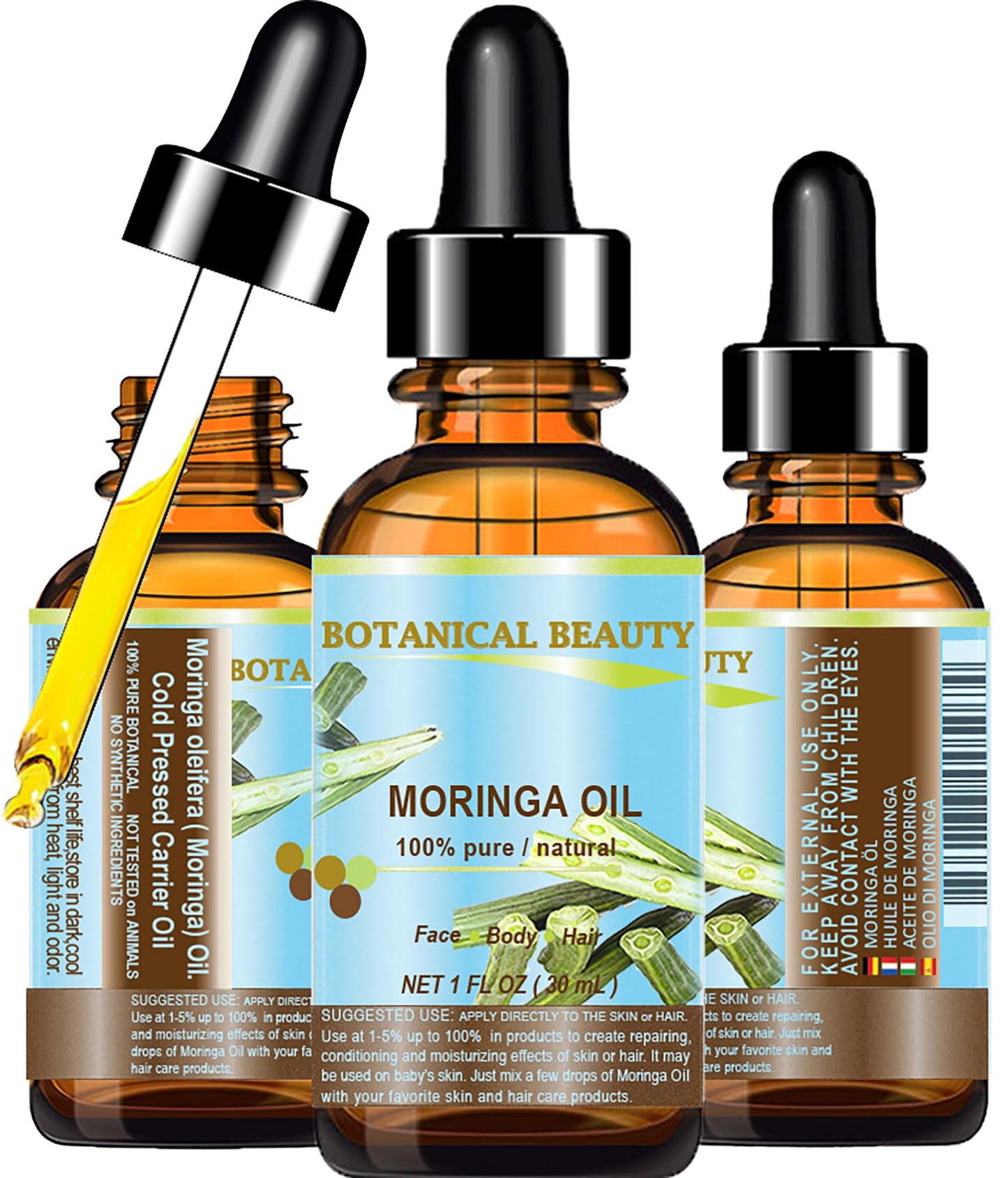 Botanical Beauty‎ Moringa Oil 100% Pure Natural Undiluted Cold Pressed Carrier Oil. 1 Fl.oz.- 30 ml. for Face Skin, Hair, Lips, Nails. Rich in Vitamin C, Vitamin E