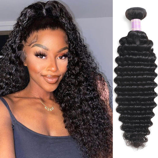 Deep Wave Human Hair Bundles 16 Inch Brazilian Deep Wave Curly Bundles 100% Unprocessed Virgin Remy Deep Curly Human Hair Bundles Wet and Wavy Double Weft Deep Wave Hair Bundles Natural Black