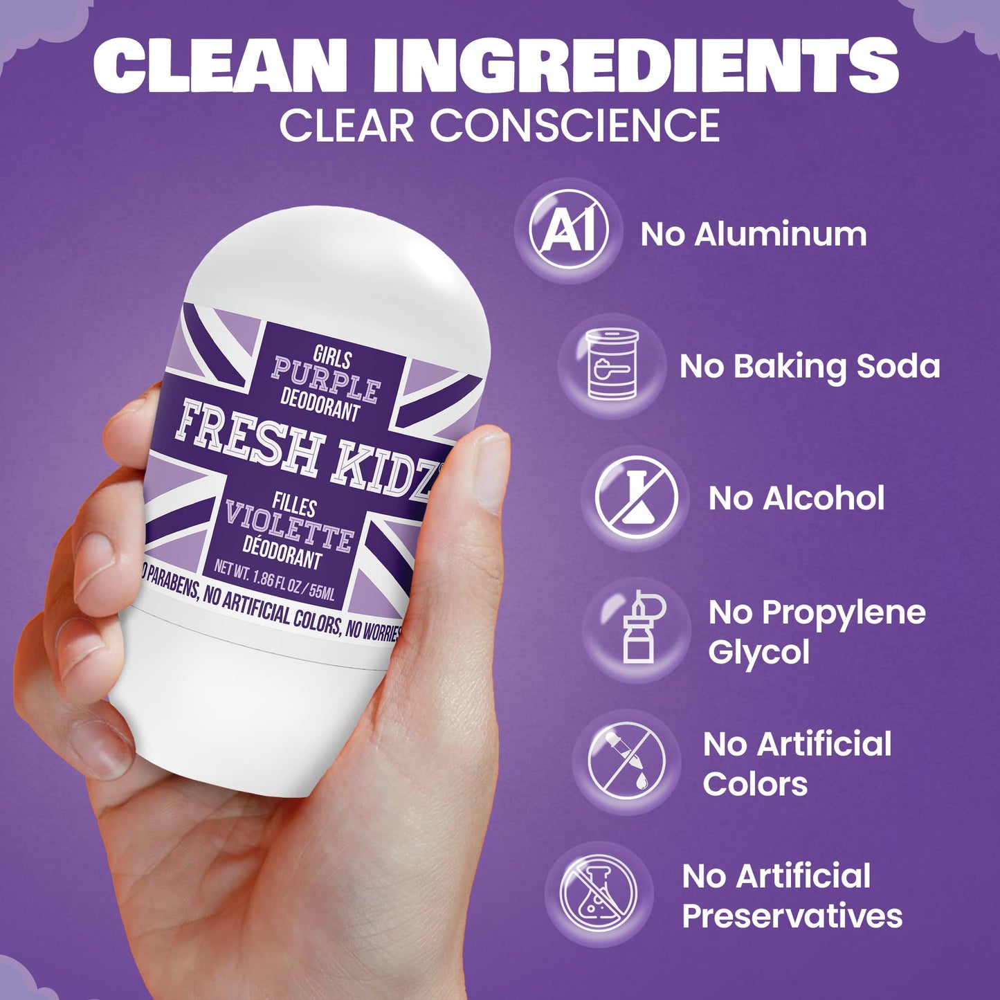Fresh Kidz Roll On Deodorant for Kids and Teens - Baking Soda and Aluminum-free 24 Hour Protection for Sensitive Skin - Girls "Purple" 1.86 fl.oz.