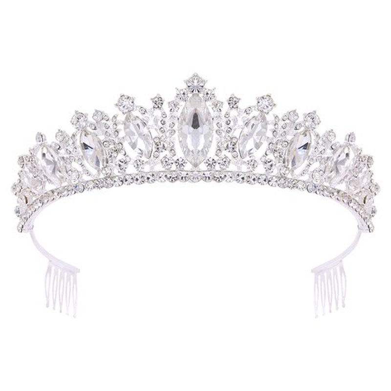 Oriamour Glamorous Crystal-Studded Wedding Crown with Leafy Accents and Combs (Silver, Normal)