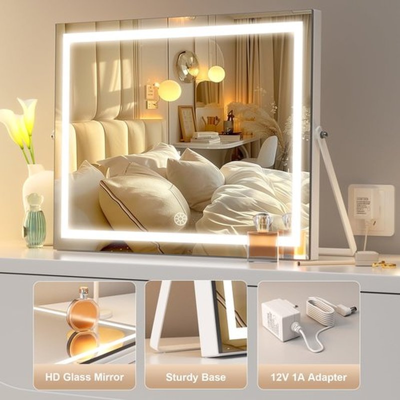 Hasipu Vanity Mirror with Lights, 17.7" x 13.8" LED Makeup Mirror with 10X Magnification, Smart Touch 3 Colors Dimmable, Brightness Adjustment, 360° Rotation, White