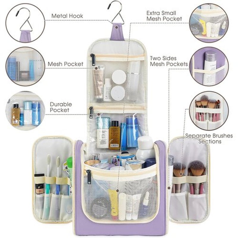 Hanging Toiletry Bag for Women Travel Makeup Bag Organizer Toiletries Bag for Cosmetics Essentials Accessories (Large, Light Purple)
