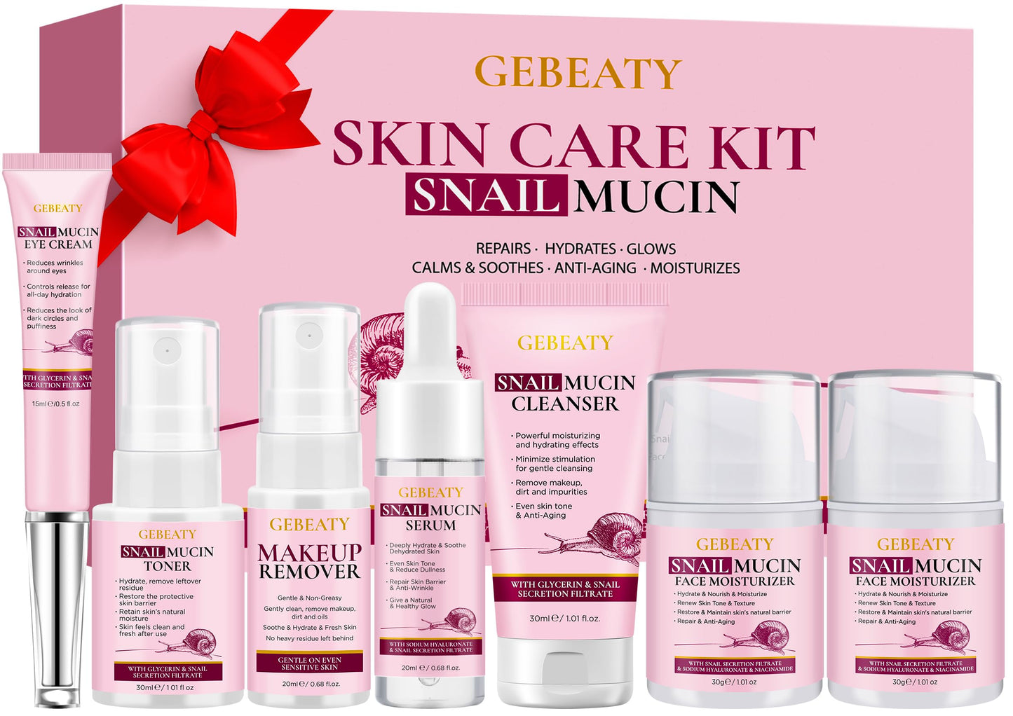 Skin Care Set, 7-Piece Hydrating & Repairing Snail Mucin Skincare Routine
