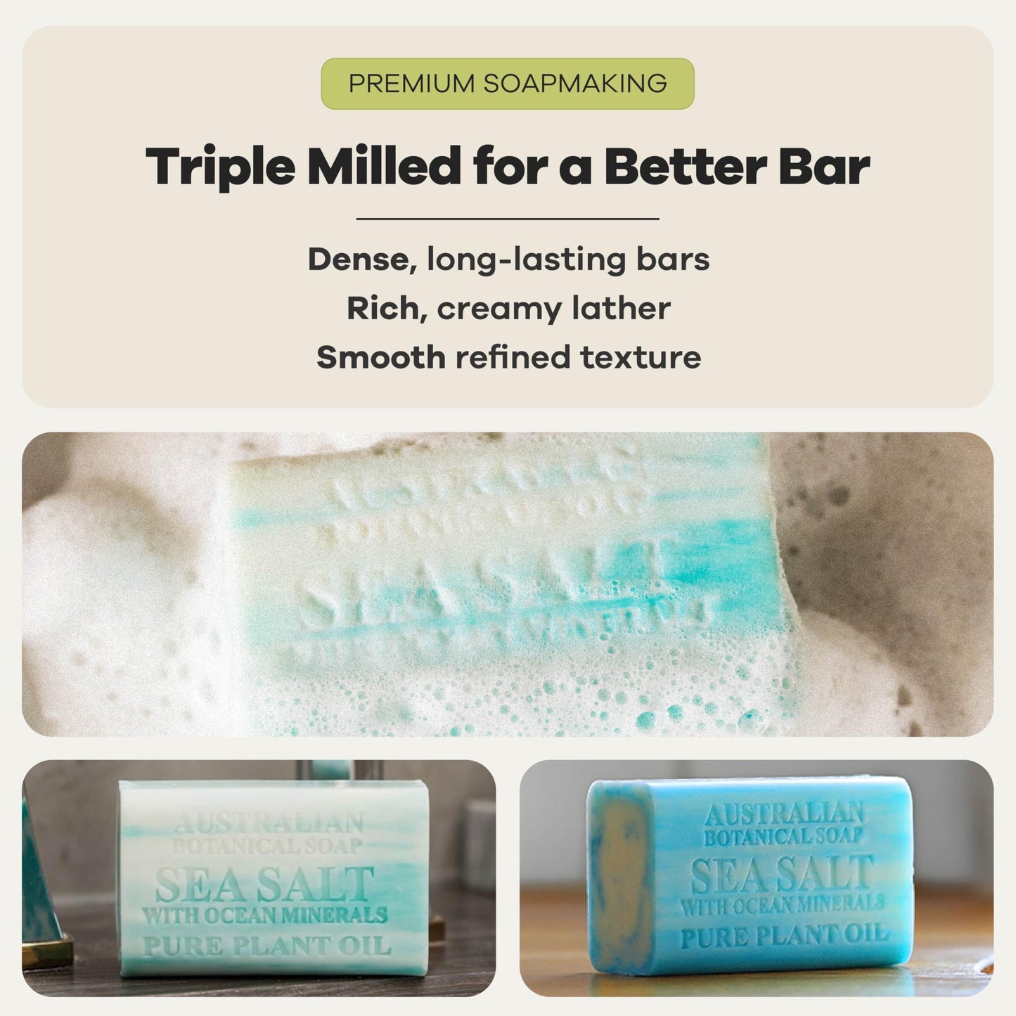 Australian Botanical Soap, 6.6 OZ, Sea Salt and Ocean Minerals, Triple Milled Bars made with a Natural Soap Base and Enriched with Organic Shea Butter, Pack of 8