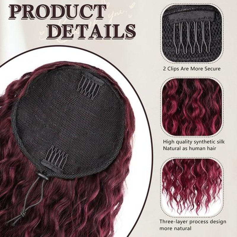 FREEMEIGE Red Ponytail Extension Curly Drawstring Ponytail Synthetic Wavy Pony Tails Hair Extensions Clip in Ponytails 20Inch Fluffy Hairpiece