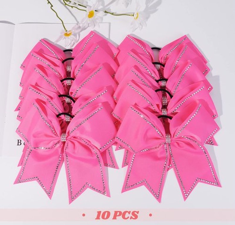 DEEKA 10 PCS 8" Rhinestones Large Cheer Hair Bows Glitter Cheer Ponytail Holder Handmade for Teen Girls Softball Cheerleader Sports -Hot Pink