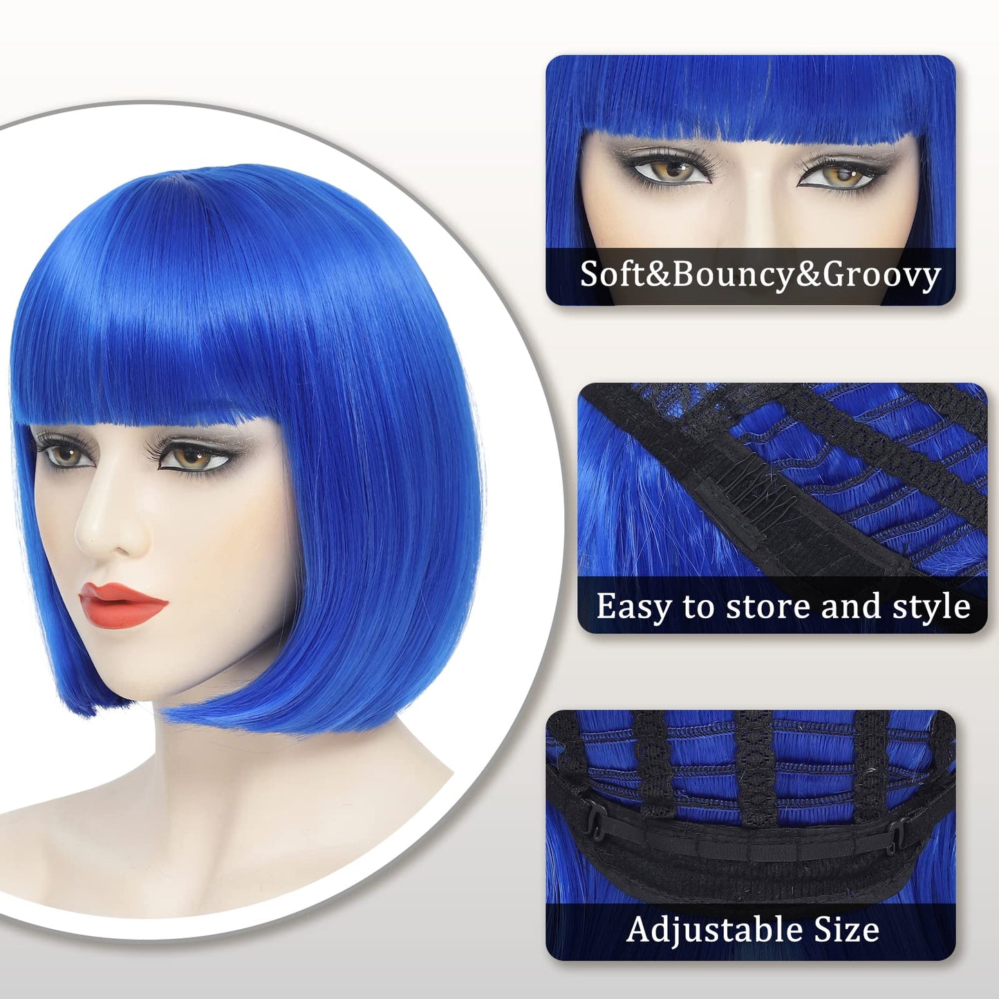 YBYMCAI Blue Bob Wig With Bangs Short Blue Bob Wigs For Women Straight Bob Bangs Wig 10 Inch Heat Resistant Synthetic Hair Natural Looking For Daily Party Use