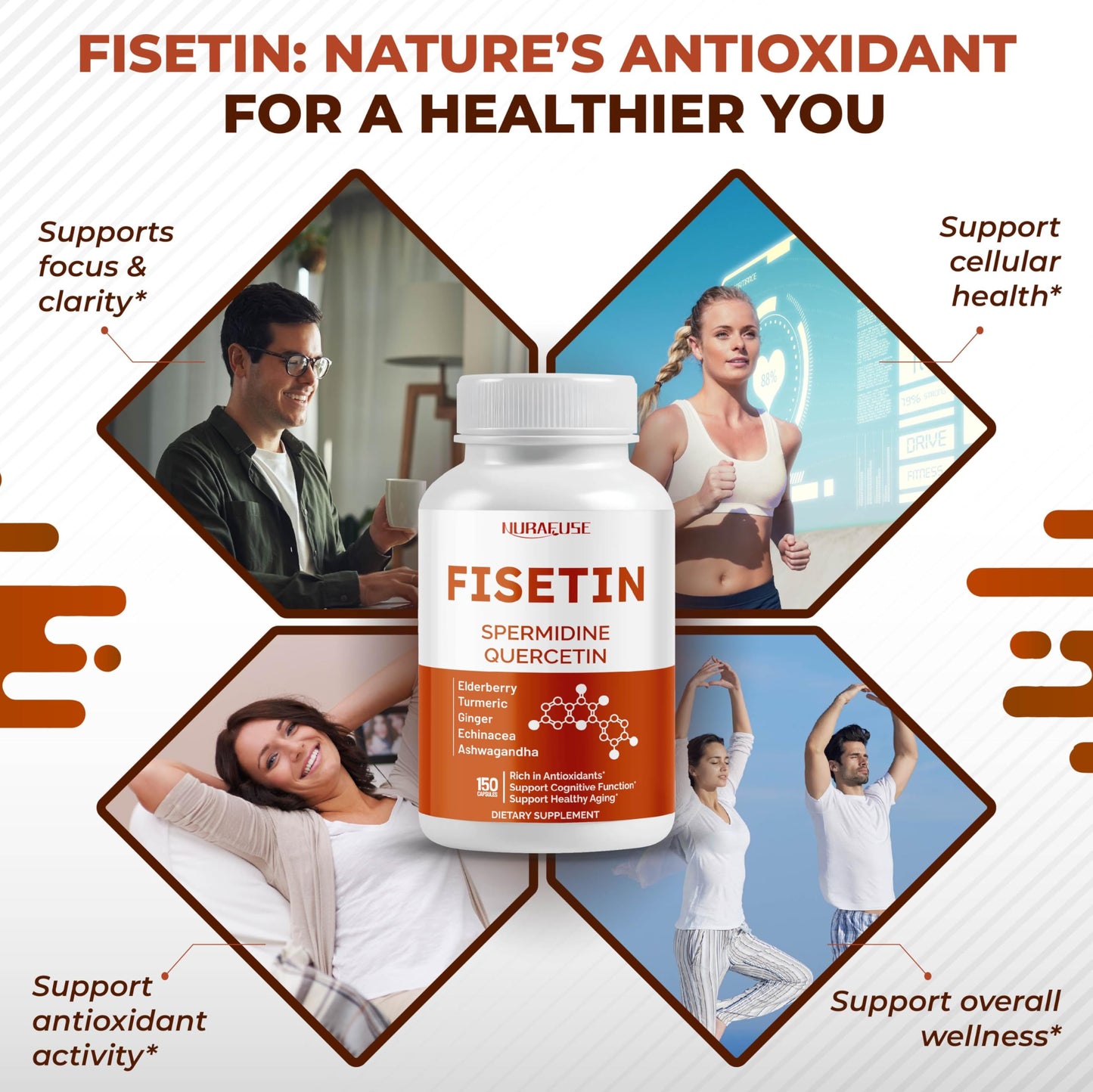 NURAFUSE Fisetin 10-in-1 Formula - with Spermidine Quercetin Resveratrol, Elderberry, Turmeric Non-GMO, Gluten-Free, Soy-Free