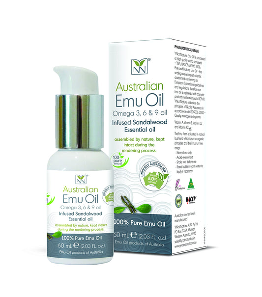 Y Not Natural Pure Emu Oil - Organic Moisture for Face, Body, Hair, Scalp & Nails - Rich in Omega 3-6-9, Vitamins & Essential Minerals - Australian Emu Oil (60ml) 2.03 fl oz - Sandalwood