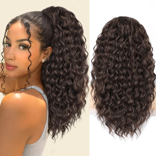SHNMIN Ponytail Extension, Curly Drawstring Ponytail Extension for Women 18 Inch Curly Wavy Ponytail Yaki Textured Natural Fluffy Synthetic Hairpiece for Daily Use
