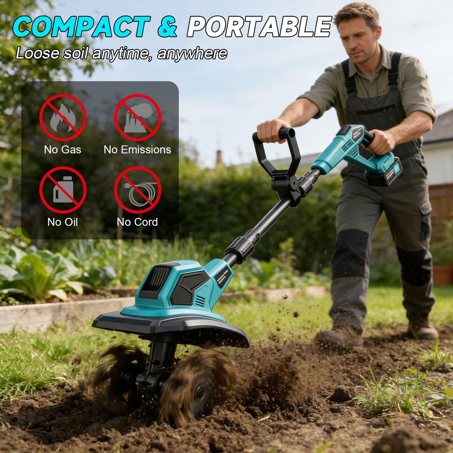Cordless Tiller Cultivator, 360RPM Electric Garden Tiller, with 2 x 3.0Ah Batteries & Charger, 9In Tilling Width and 6.6In Depth Garden Rototiller for Lawn/Gardening/Soil Cultivation