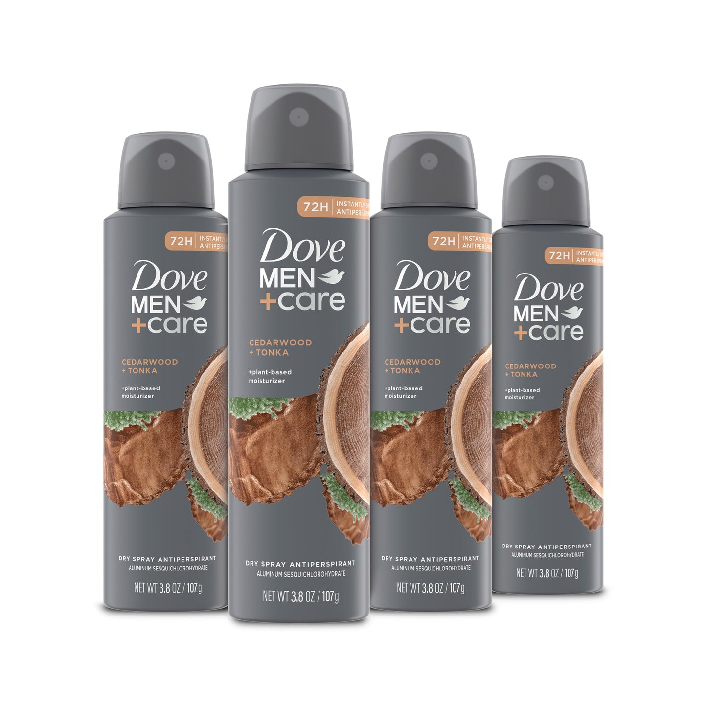 DOVE MEN + CARE Dry Spray Antiperspirant Cedarwood + Tonka 4 Count 72H Protection with a Plant-Based Moisturizer 3.8 oz
