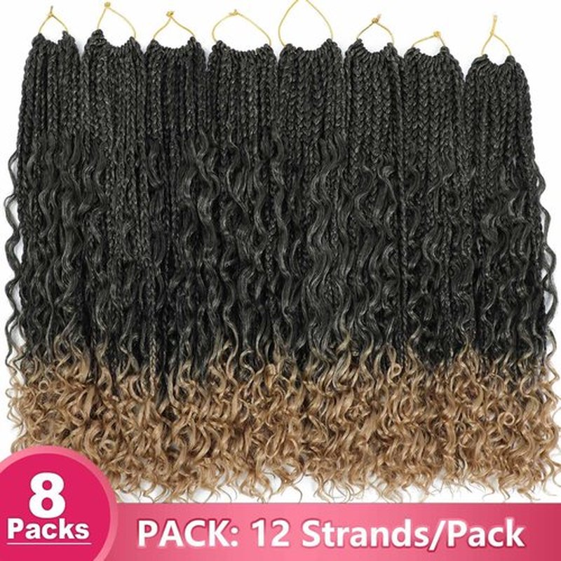 Goddess Box Braids Crochet Hair 14Inch 8PacksPre Looped Boho Box Braids Braiding Hair Curly Ends Bohomian Crochet Box Braids (T/27#, 14 inch)