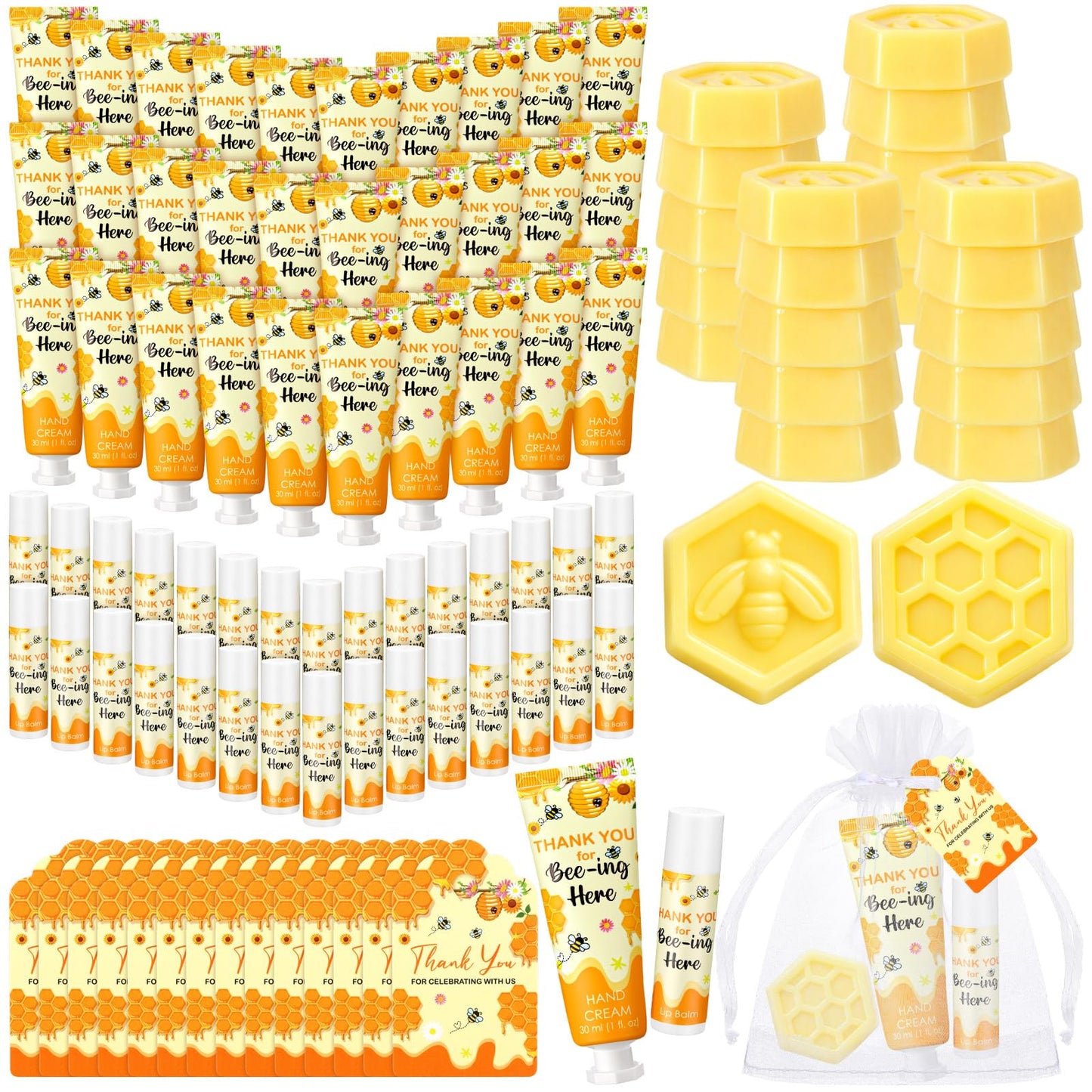 Loopeer 30 Set/150 Pcs Bee Theme Baby Shower Favors for Guests Gifts Hand Cream Lip Balm Soap Party Favors Travel Size with Bags, Thanks You Card for Games Prizes Souvenirs