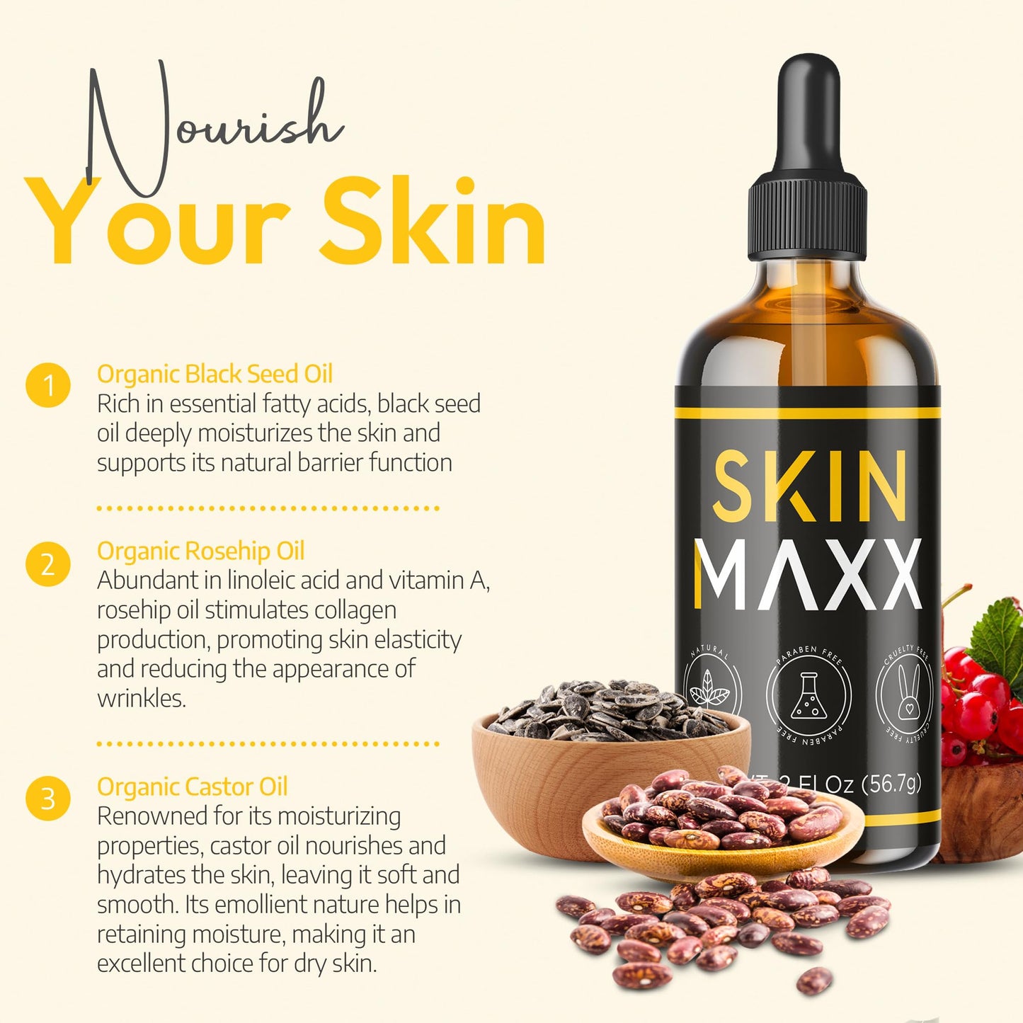 Organic Castor Oil, Rosehip Oil & Black Seed Oil for Face - Anti-Aging Facial Oil & Moisturizer for Women, Natural Ancient Remedy for Hydrated, Glowing Skin - Cold Pressed Face Oil (1 Fl Oz)
