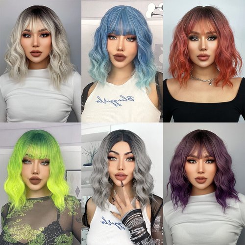 MUPUL Ombre Blue Wig Short Body Wavy Bob Wigs for Women With Bangs Shoulder Length Synthetic Cosplay Party Wig for Girls Daily Use Colorful Wigs