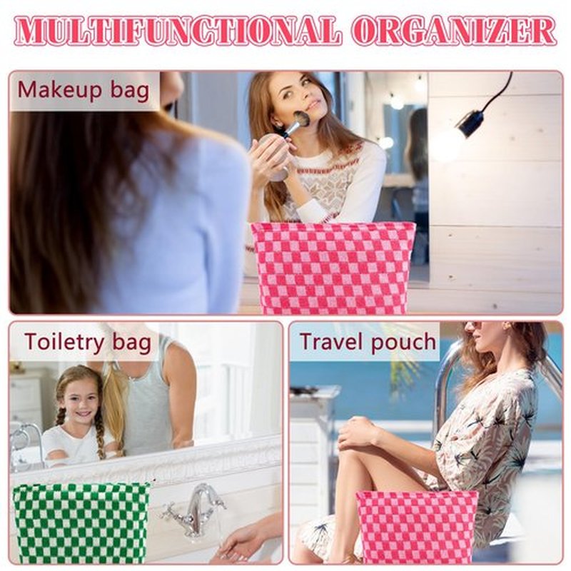 ZLFSRQ 2Pcs Checkered Makeup Bag for Women Large Capacity Cosmetic Bag Set Travel Makeup Pouch for Purse Zipper Toiletry Organizer Cute Y2K Aesthetic Trendy Makeup Brushes Storage Bag(Pink/Green)