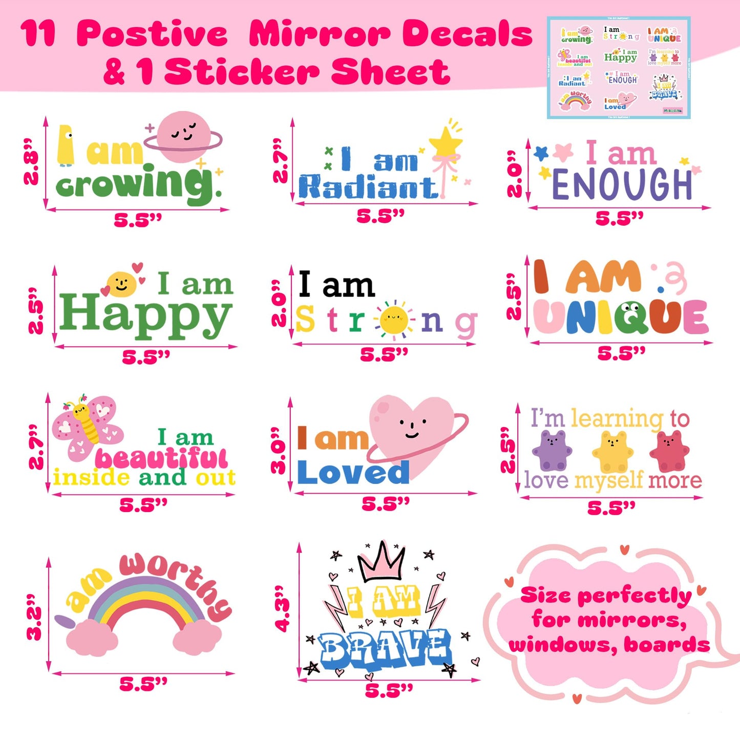 11 Positive Affirmation Mirror Stickers | Reusable Static Decals with Motivational Quotes | Teen Girl Gift for Inspirational Bathroom Mirror & Window Decor | Mental Health Sticker & Self-Love Decal