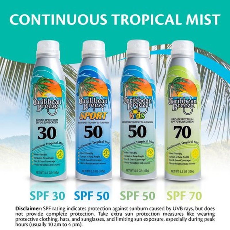 Caribbean Breeze Continuous Tropical Mist SPF 50 Sunscreen Spray Sport, Reef Safe Sunscreen Spray, Up to 80 Minutes Water Resistant Spray, 5.5 Ounces
