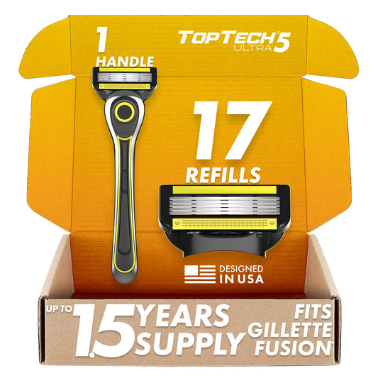 TopTech ULTRA 5 Razors for Men - Manual Shaving Razor & Refills - (Handle + 17 Replaceable Cartridges) - 5 Blades Technology - Fits Gillette Fusion - Soft Shave & Super Sharp - Cost-effective Refill