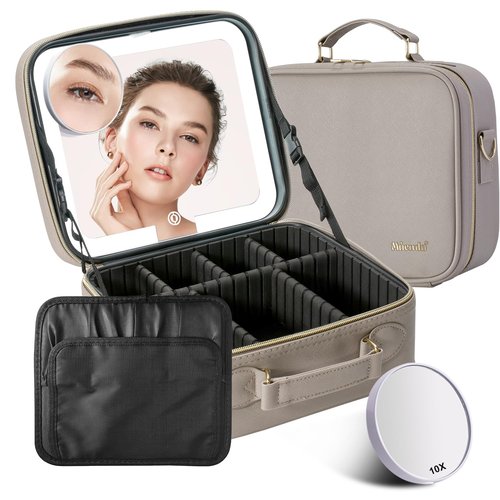 Mocado Travel Makeup Bag with LED Lighted Mirror,Travel Makeup Organizer,Makeup Case with 3 Color Lighted Setting and 10x Magnifying Mirror,Portable Storage and Adjustable Dividers Makeup Box(Grey)