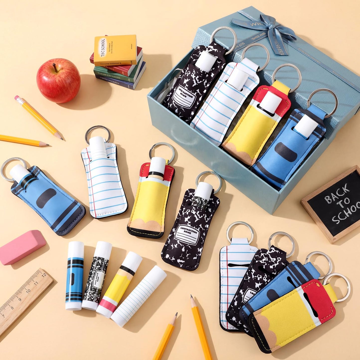 Loopeer 48 Pcs/24set Back to School Teacher Gifts Bulk Lip Balm and Lipstick Holder Keychian Teacher Appreciation Gifts Crayon Pencil Thank You for First of Year Welcome Back to School Party Favors