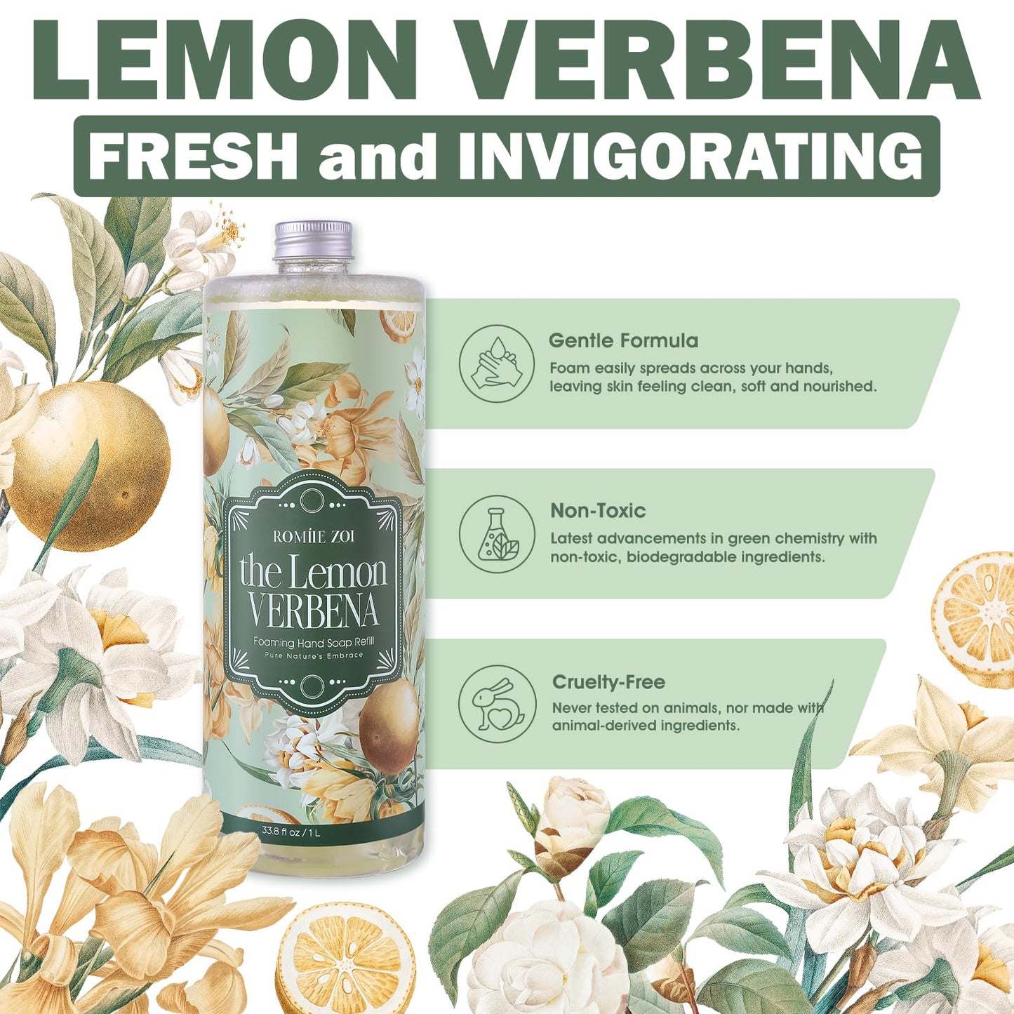 ROMIIE ZOI Foaming Hand Soap Refill, Lemon Verbena, Gentle & Moisturizing Formula, 1000 ML/ 33.8 FL OZ