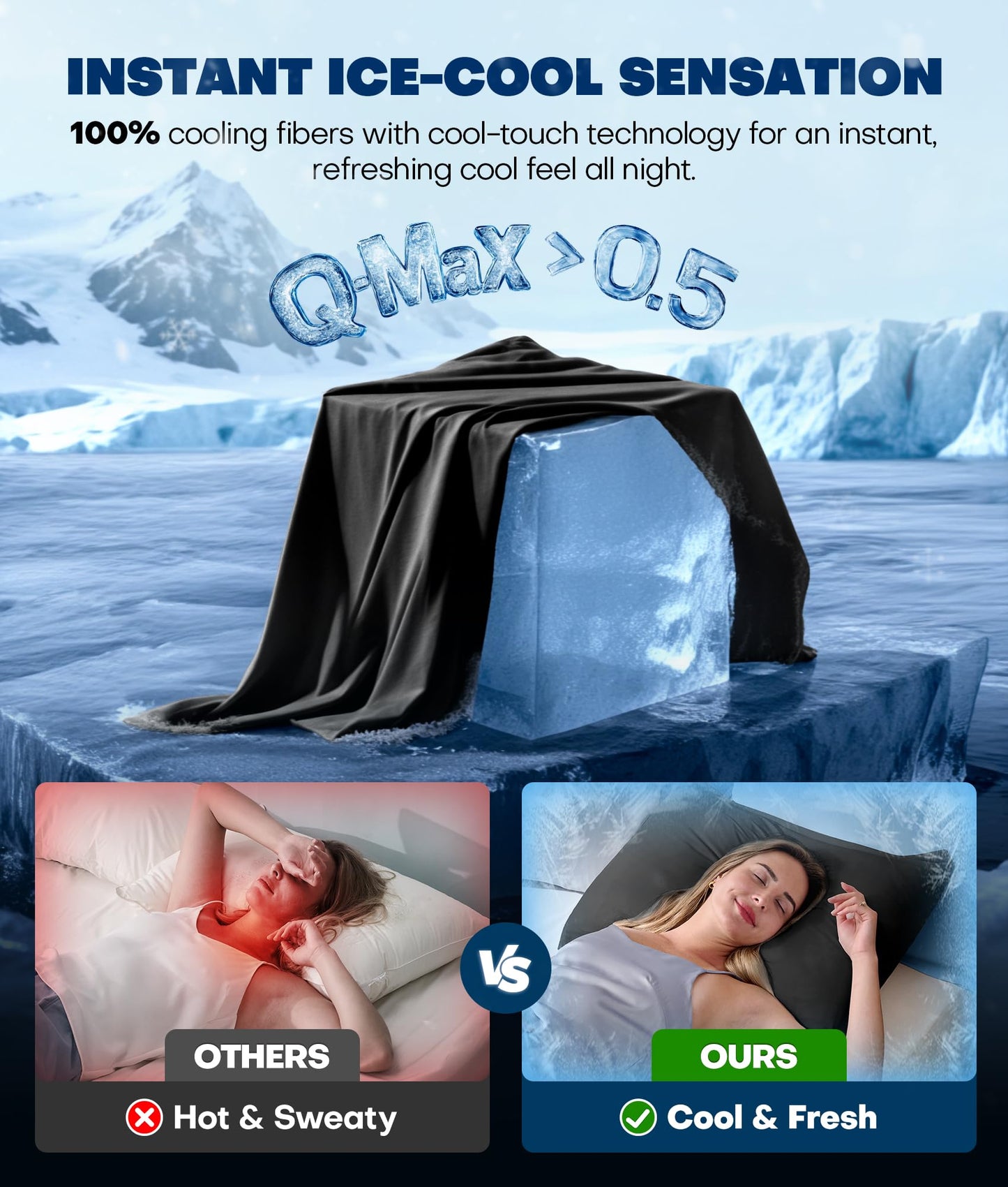 Ultra-Chill Cooling Pillowcase Set of 2 for Hot Sleepers, Softer Than Silk Pillow Cases for Protecting Hair & Skin, Breathable Bed Pillow Covers w/Zipper, Gifts for Women Men (Black, Standard)