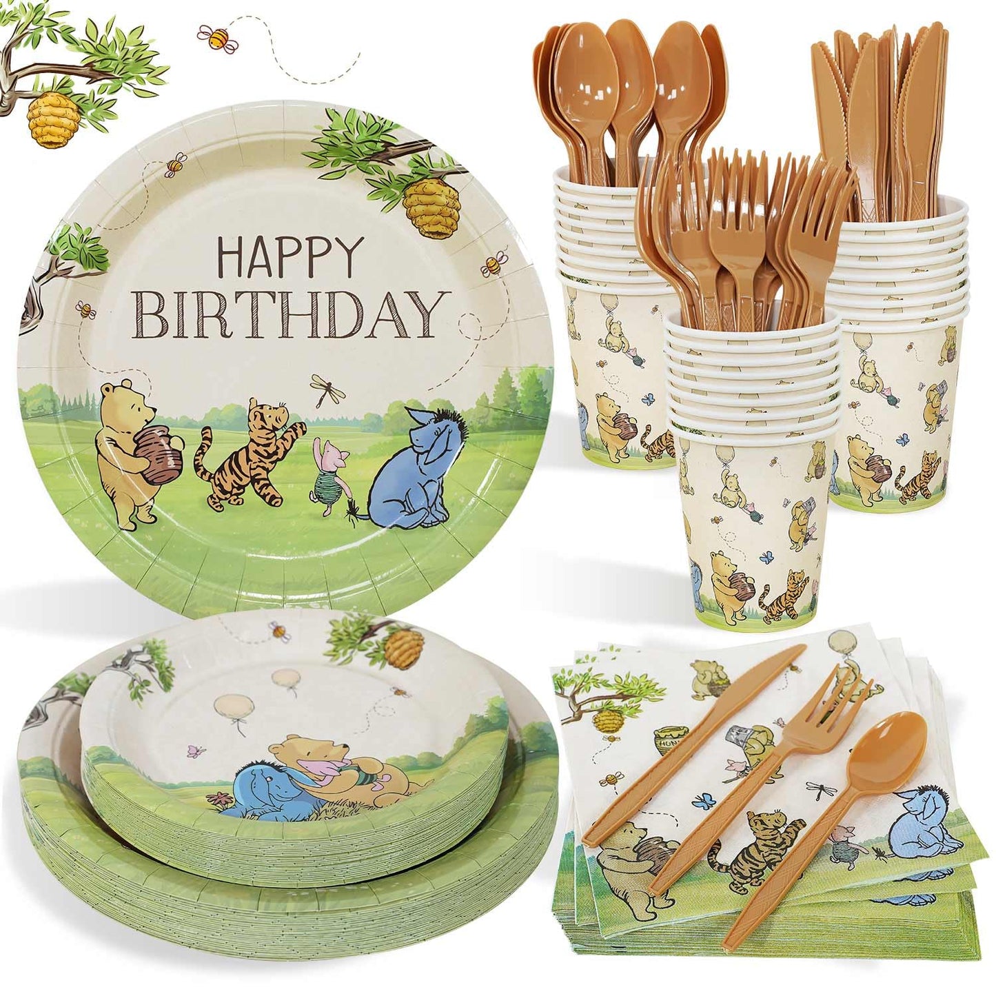 Winnie Birthday Decorations Plates Set, 175PCS Classic Winnie Happy Birthday Plates Cups Napkins Cutlery for 25 Guests