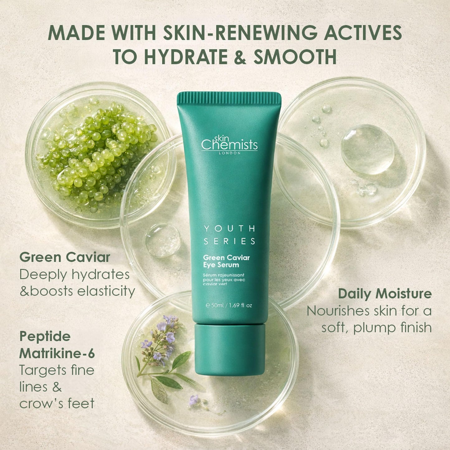 skinChemists Anti-Aging Eye Serum, 15ml - Green Caviar Extract & Matrikine Peptide 6 for Under Eye Wrinkle Reduction, Hydrating and Elasticated Skin