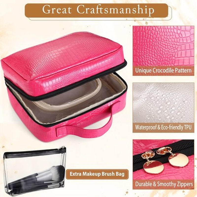 ZQQZAN Travel Cosmetic Bag - Leather Makeup Bag Organizer with Clear Makeup Pouch, Open Flat Design with Large Capacity, Travel Makeup Case for Women Girls, Hot Pink