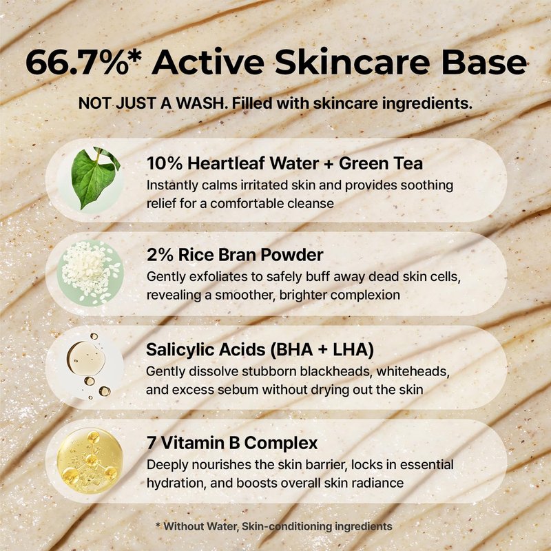 Heartleaf Rice Deep Pore Cleansing Face Wash - 2-in-1 Mochi Mask & Cleanser for Glass Skin | Salicylic Acid, 4.40 fl. oz (130 ml)