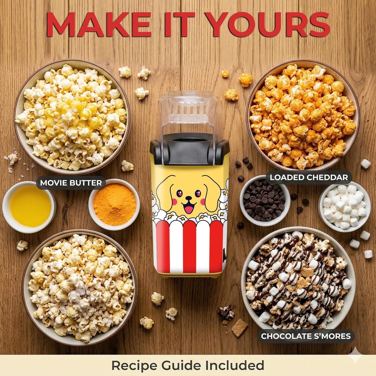 Fun Popcorn Machine Air Popper – Hot Popcorn Maker Air Popper Electric with Butter Melting Tray – Mini Electric Maker - Dog Mom Gifts for Women, Home, Kids Movie Night - Oil Free Snacks