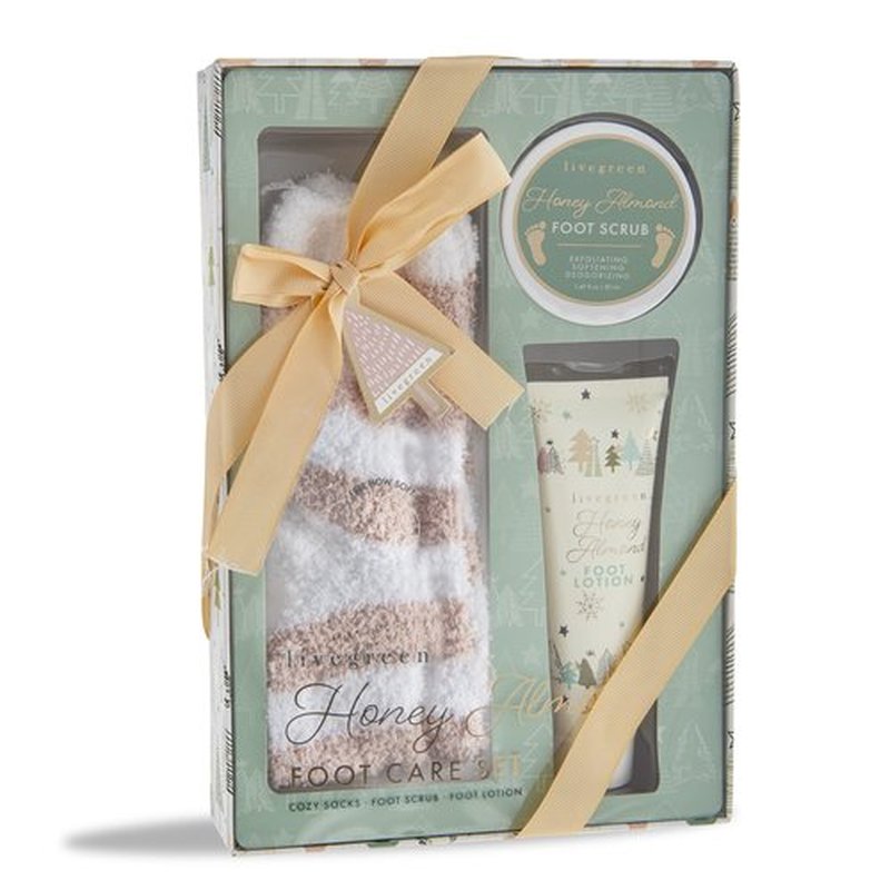 Live Green Bath and Body Present Set- Foot Spa Set with Fuzzy Socks, Lotion, and Scrub, Honey Almond