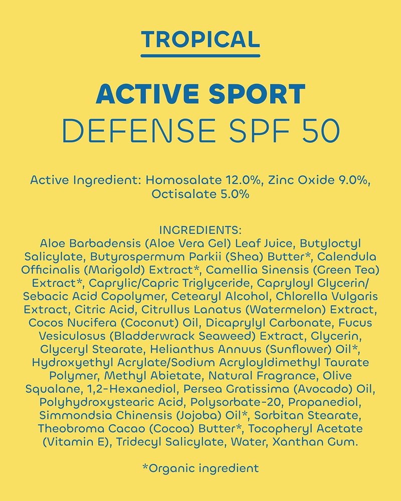 Active Sport Defense Cream SPF 50 - Broad Spectrum Sunscreen with Zinc Oxide & Aloe | Water Resistant Face & Body Sunblock, 3.4 oz (Pack of 2)