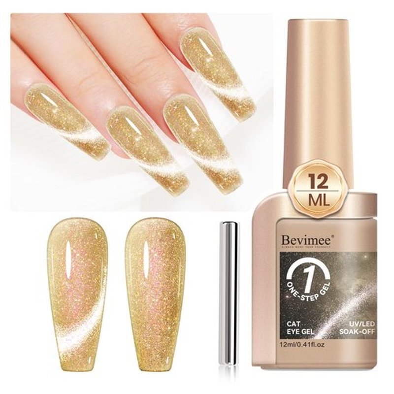 Bevimee Cat Eye Gel Polish 12ML Champagne Gold Magnetic Nail Polish Gel 3 in 1 Step - Glitter Cateye Crushed Ice Effect, Sparkle Crystal Nail Gel Nail Art Polish Soak Off Salon Manicure Gift