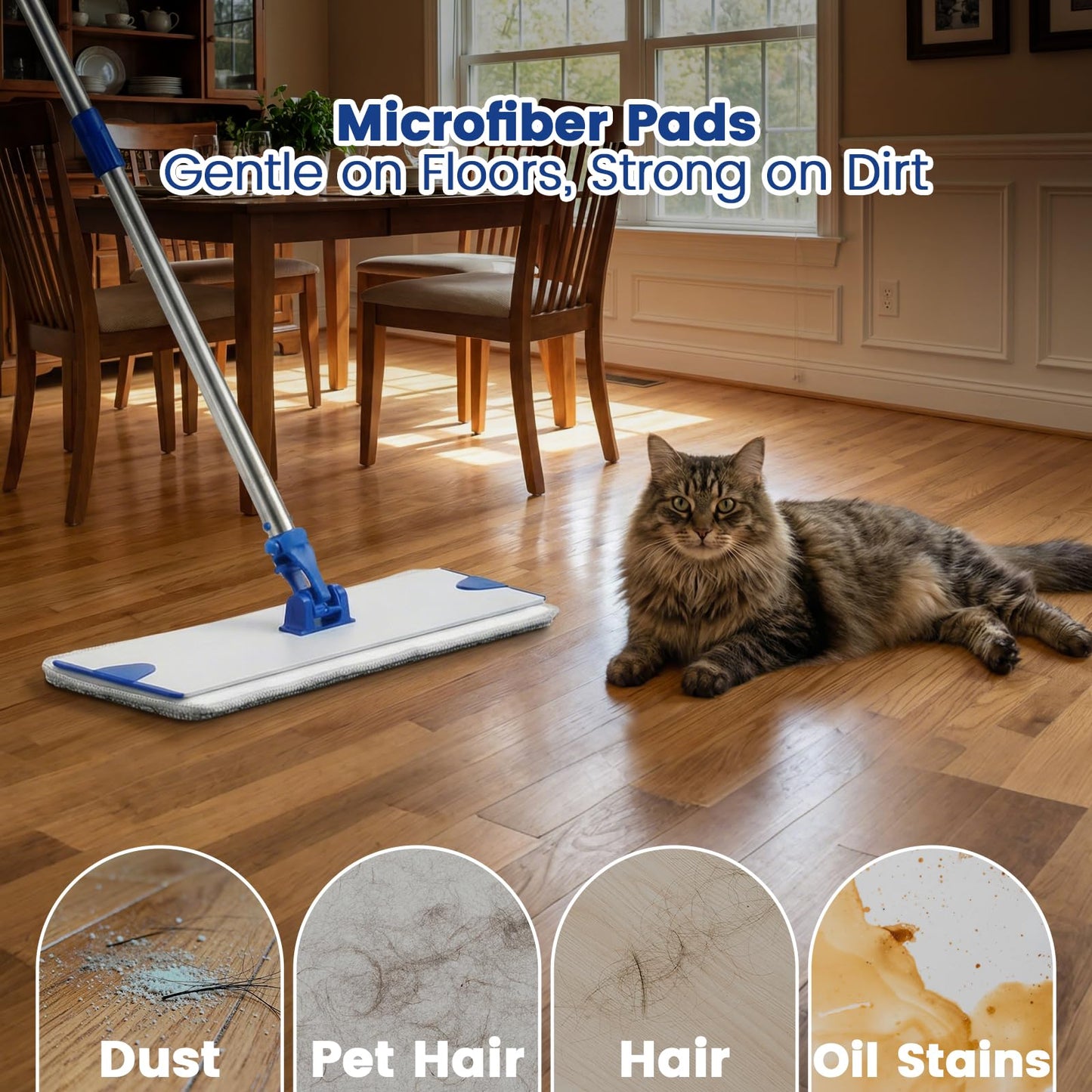 18 in Microfiber Flat Mop Cleaning System, Floor Mops with Stainless Steel Handle, Tangle-Free Mop Head, 4 Reusable Washable Dust Pads, Wet Mopping for Hardwood Tile Laminate