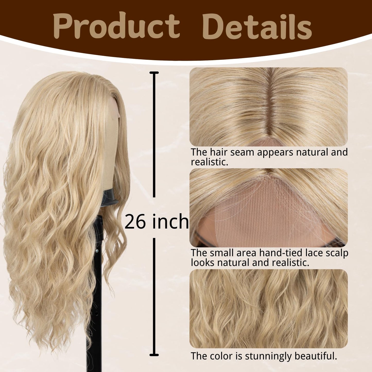Long Blonde Wig for Women 26 Inch Middle Part Wavy Women Charming Wigs Realistic Natural Looking Synthetic Heat Resistant Fiber Hair for Daily Party Use
