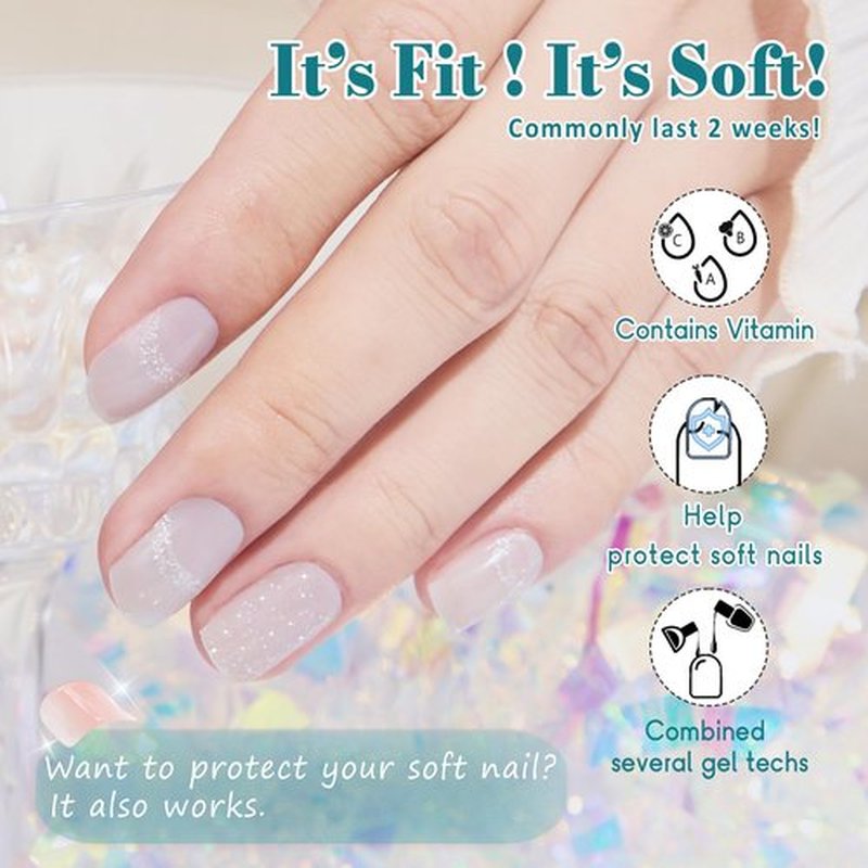 GelMala Gel Nail Stickers Blue with French line Glitter - Gel Nail Stickers Long Lasting, Easy to Apply & Remove -Gel Nail Strips for Nails Manicure Nail Wraps，Easy for begginners (Aqua de Vida)
