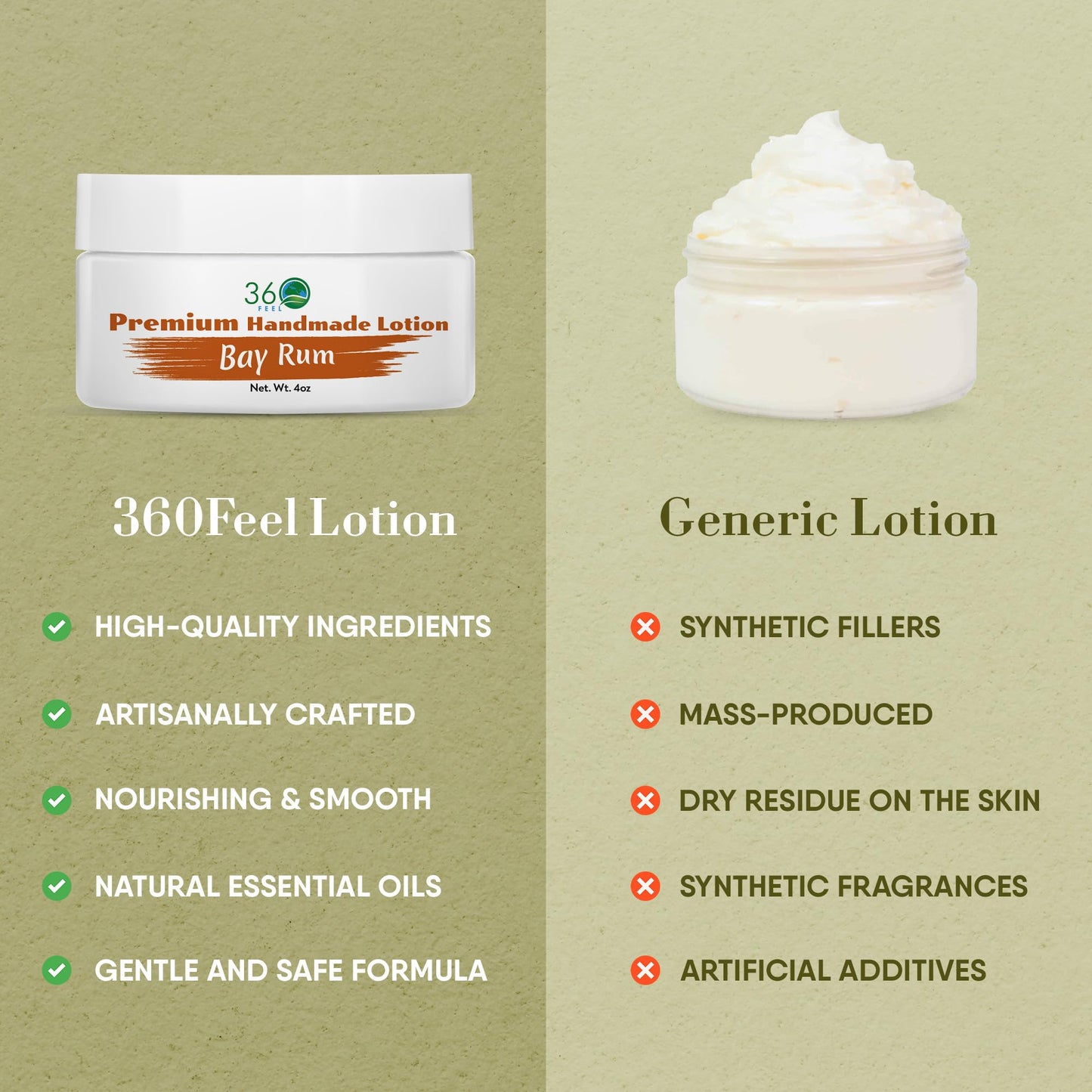 360Feel Bay Rum Body Lotion - Hydrates with Coconut & Olive Oil, Plant-Based, Non-Greasy, Sensitive Skin, All Day Use