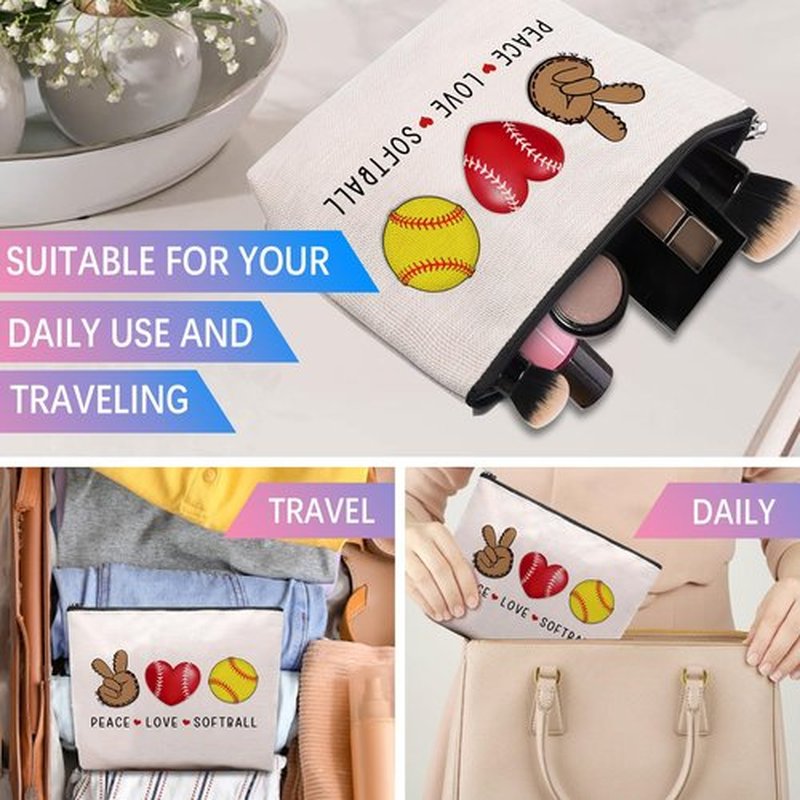 CEASQVAA Softball Gifts Makeup Cosmetic Bag for Women, Birthday Gifts for Softball Lovers Players Fans Female Friend, Softball Gifts for Team Coach Women