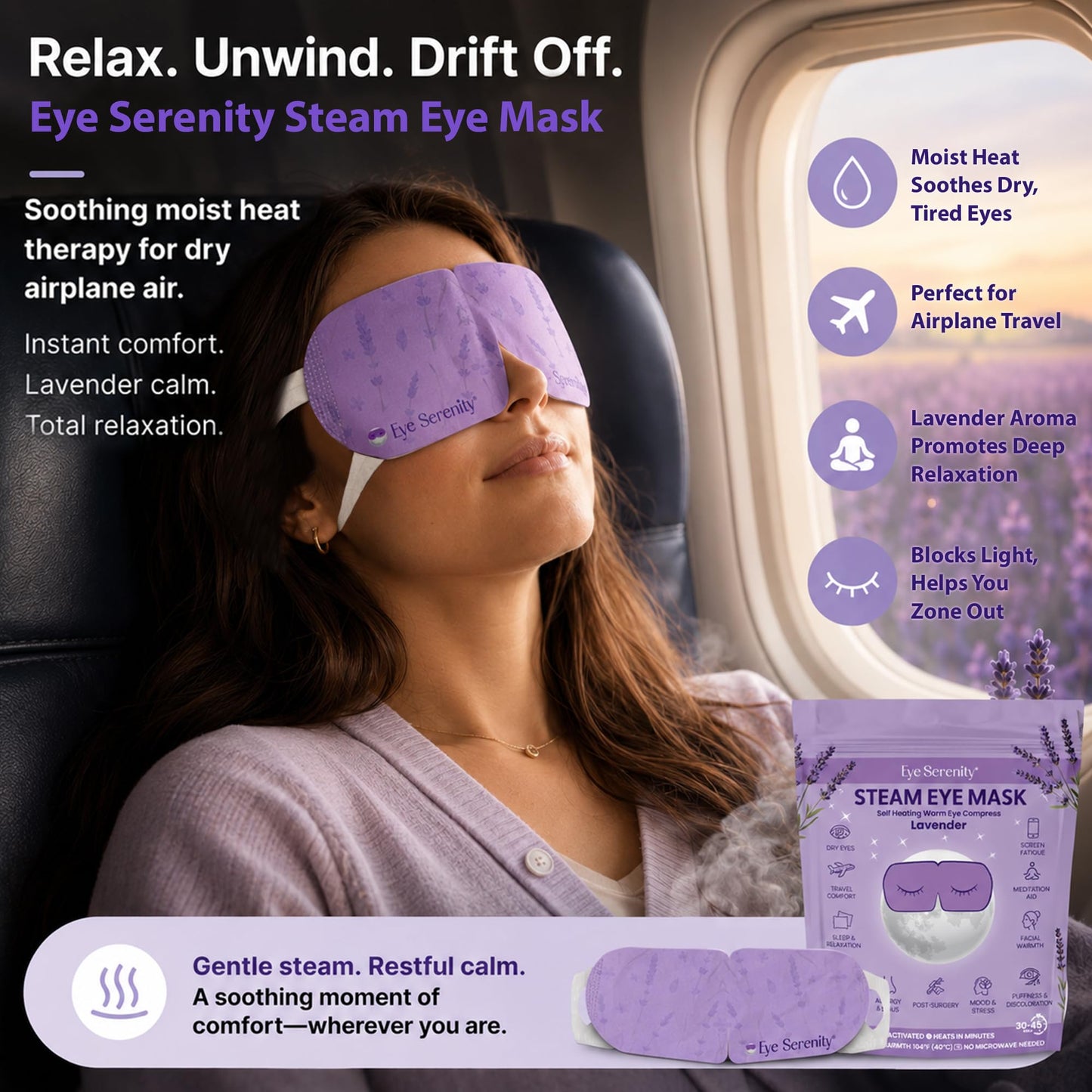 Eye Serenity Steam Eye Mask, Heated Eye Mask, Self Heating Warm Compress for Dry Eyes, Fast Relief for Stye, Puffy Sensitive Eyes, Moist Heat, Relaxation Gifts for Women and Men - Lavender