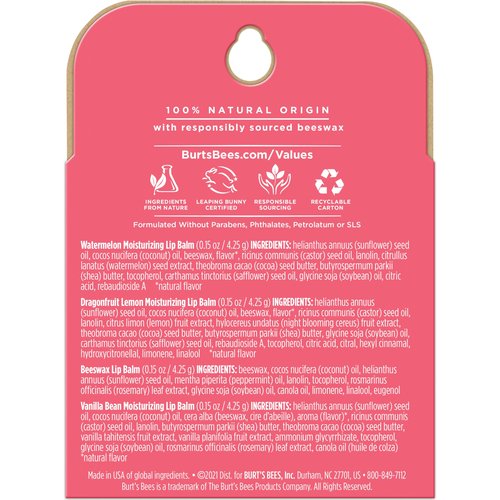 Burt's Bees Lip Balm, Moisturizing Lip Care, 100% Natural, Discover U - Original Beeswax, Watermelon, Dragonfruit Lemon & Vanilla (4 Pack)